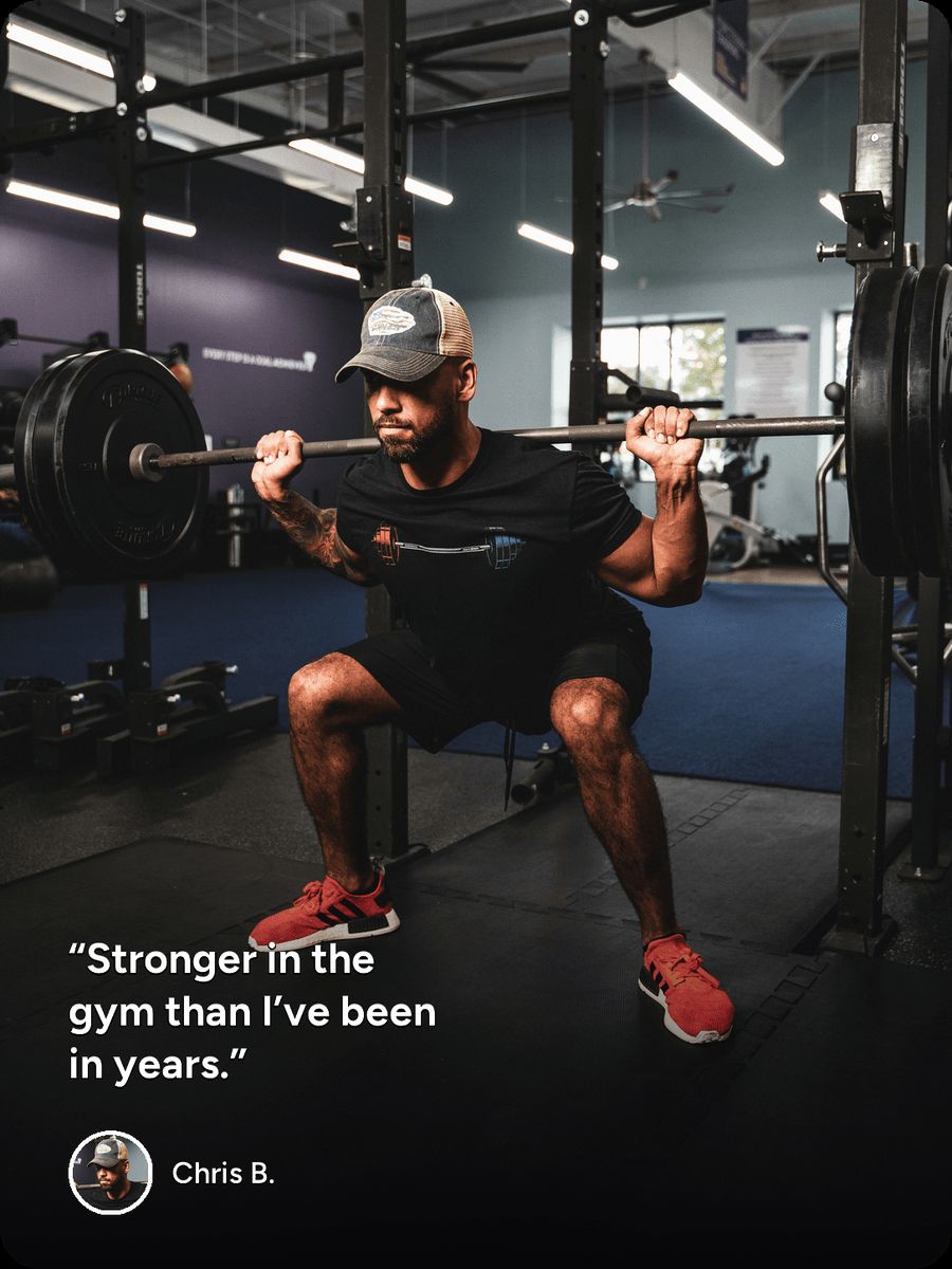 Patient testimonial from Chris B.: “Stronger in the gym than I've been in years.”