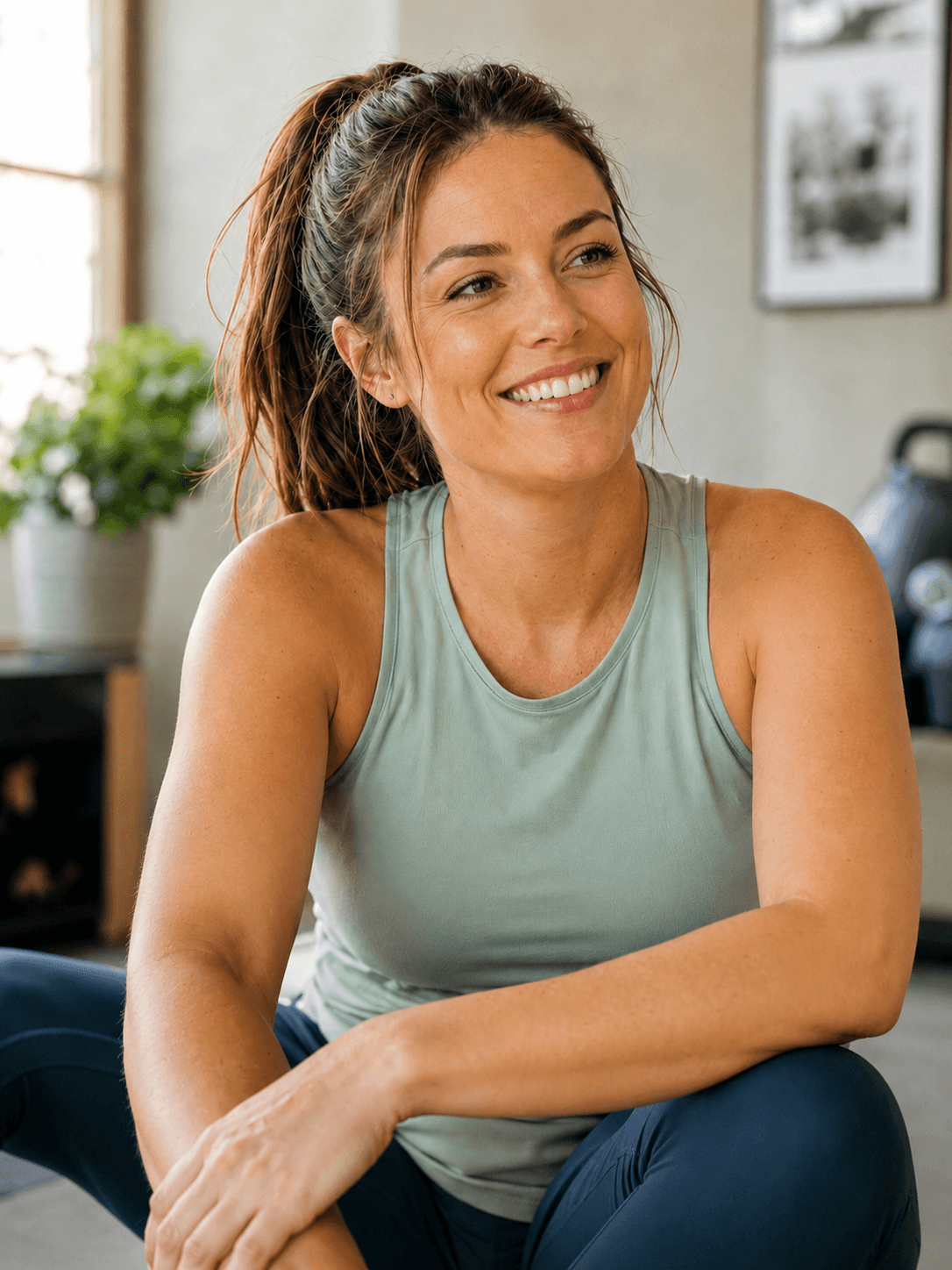 A smiling woman in athletic wear at home