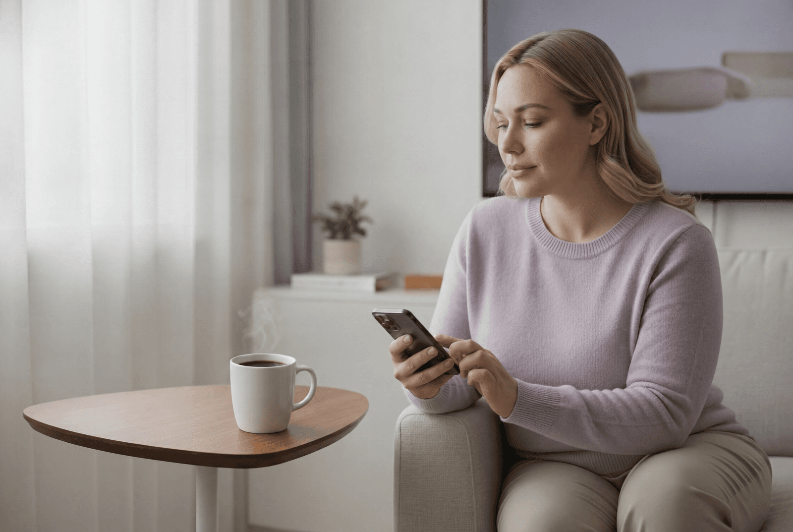 A person relaxing on their couch at home, completing a quick health quiz on their phone