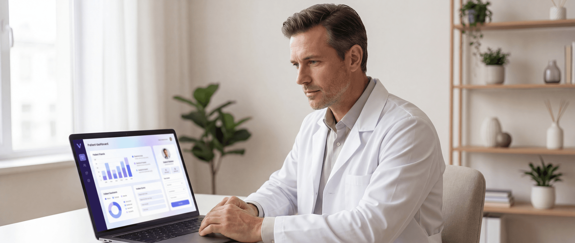A licensed provider reviewing a patient's case on a laptop