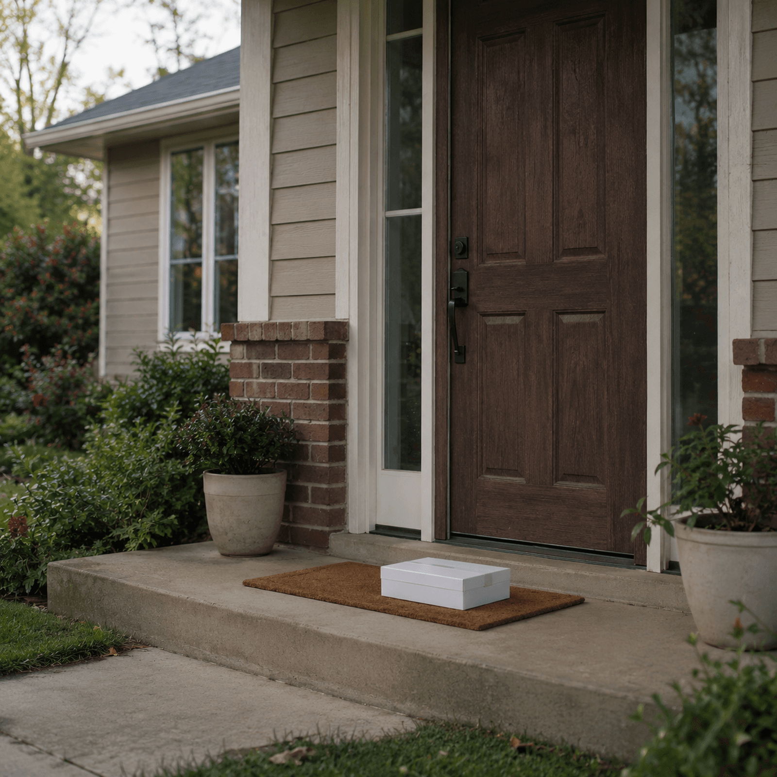 A plain, unbranded package delivered on the doormat at a front door